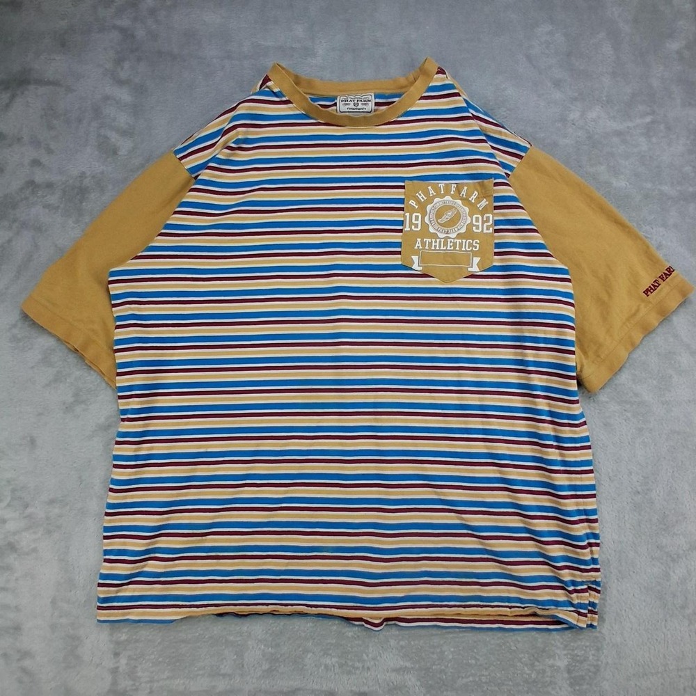 Mens Phat Farm Striped T-Shirt 2XL Yellow Blue Red Logo Pocket Y2K Streetwear